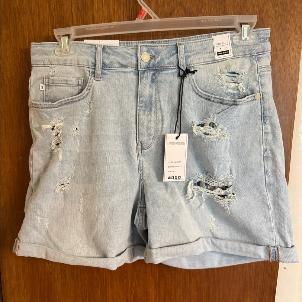 New With Tags, Judy Blue Distressed Jean Shorts, High Waist, Size 1X, Light Blue